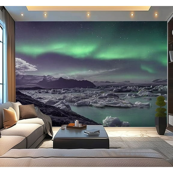 Peel and Stick Wallpaper Northern Light borealis Jokulsarlon Glacier Modern Art Wall Mural Decor Self Adhesive and Removable 100in x 144in