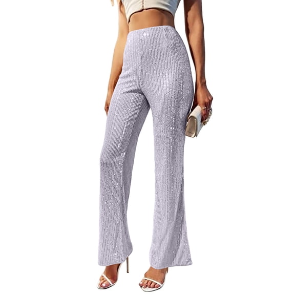 LWavelet Sequin Fabric Flared Pants Women Party Festive Wear Silver M