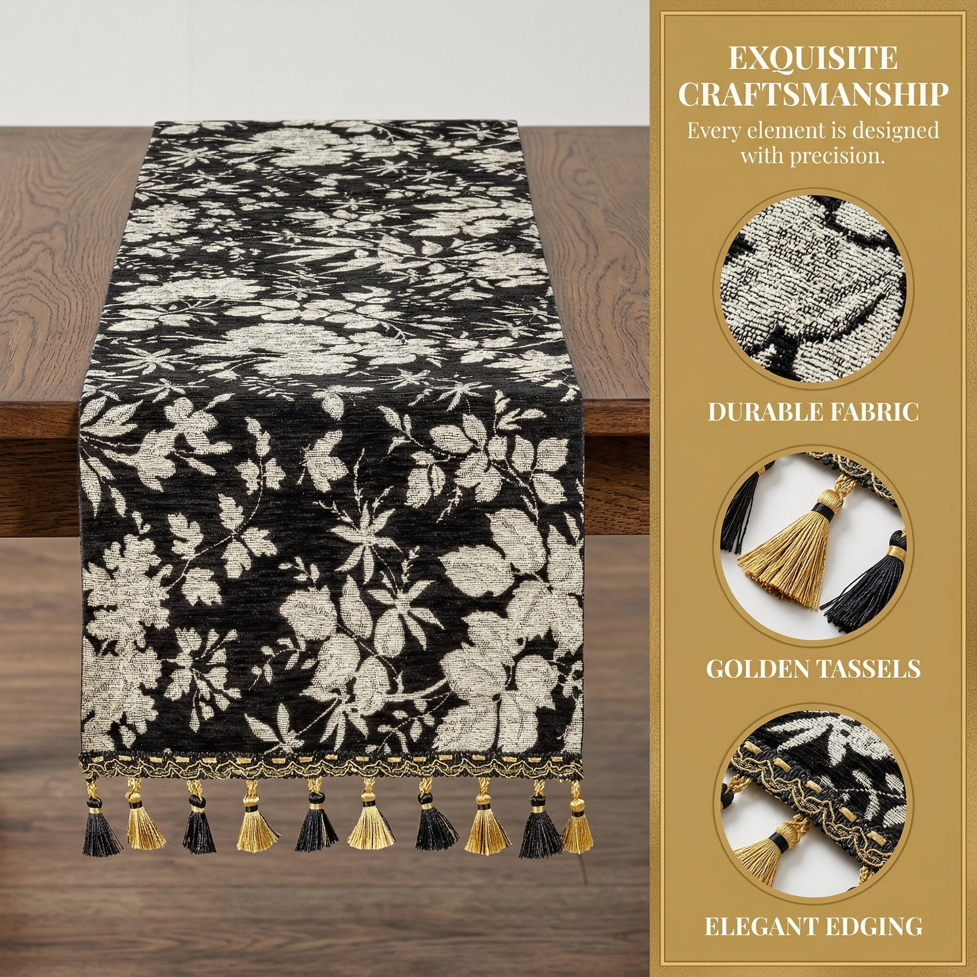 Unique Bargains Floral Table Decoration Kitchen Runner with Tassel Black 13.8x70.9in
