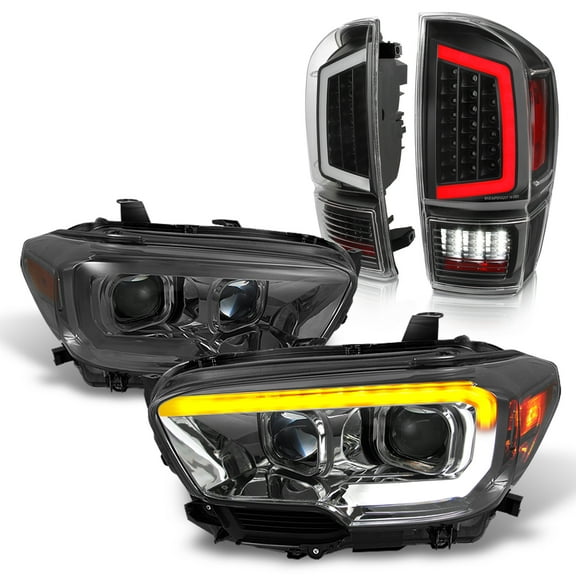 AKKON - For 2016-2023 Tacoma SR/SR5 Dual Square Projector LED DRL Smoked Headlights   Black LED Tube Tail Brake Lamps