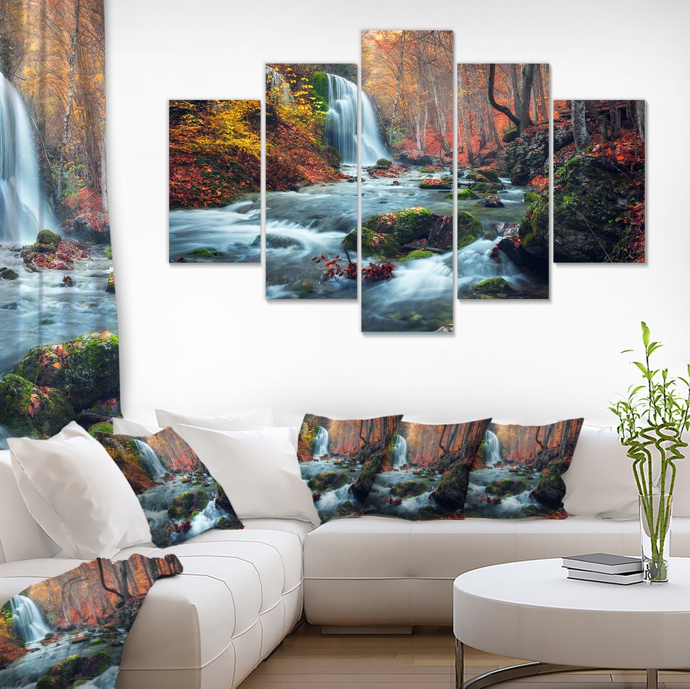 Designart 'Autumn Mountain Waterfall Long View ' Landscape Photography Canvas Print