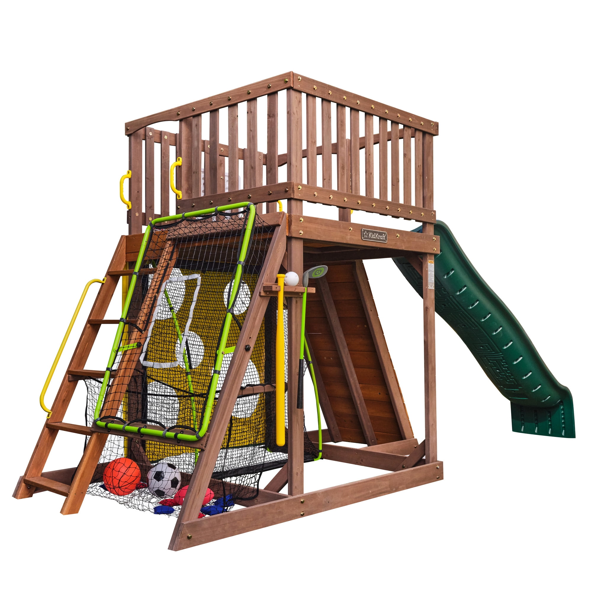 KidKraft All-in-One Sports Adventure Wooden Outdoor Playset with Rock Wall, Basketball Goal and Sports Equipment