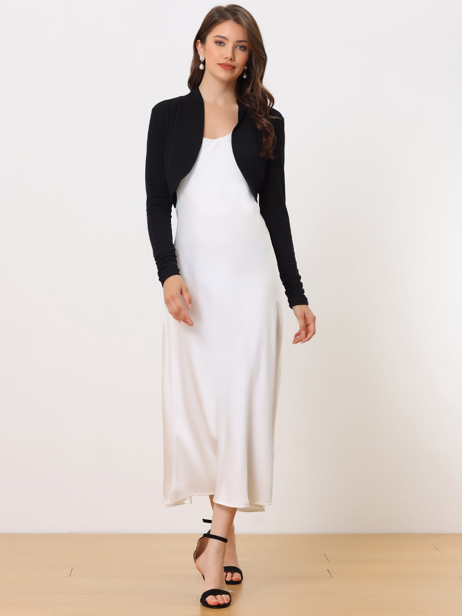 Unique Bargains Women's Bolero Shrug Top Ruched Long Sleeve Open Front Cropped Cardigan XS Black