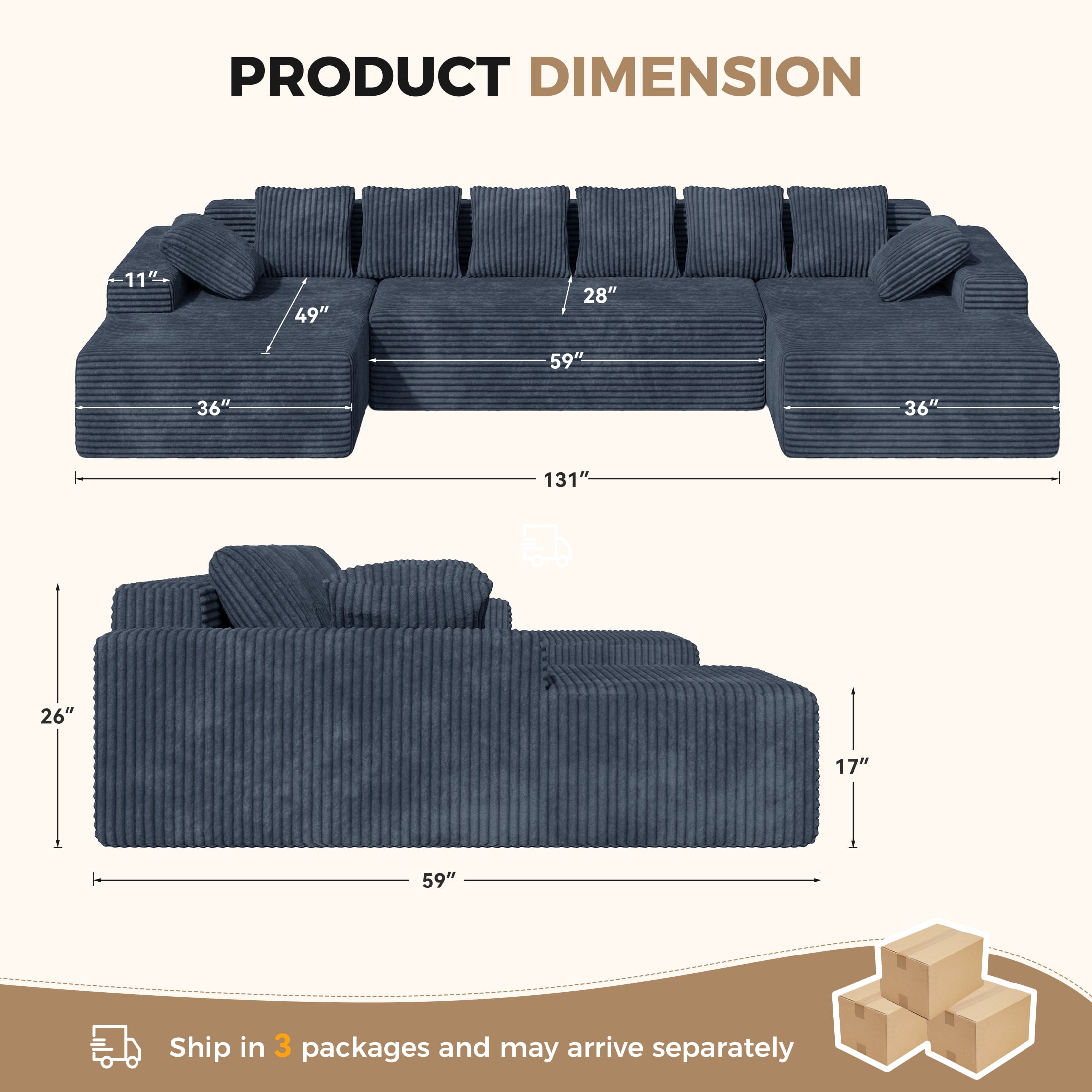 Daluvenix 131'' Modular Sectional Couch Modern U-Shaped Floor Sofa with Double Chaise Lounge Free Combination Luxury Couches for Living Room Gray