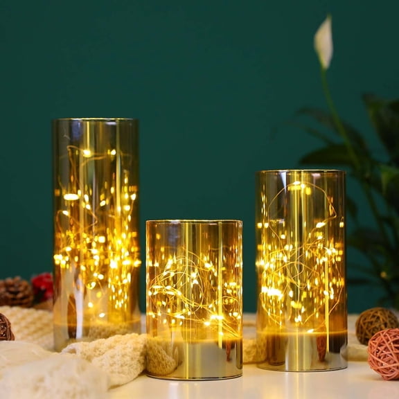 Set of 3 Battery Powered Outdoor lantern, Decorative Glass Cordless Lamp with Timer and 8-Key Remote Control (Champagne)