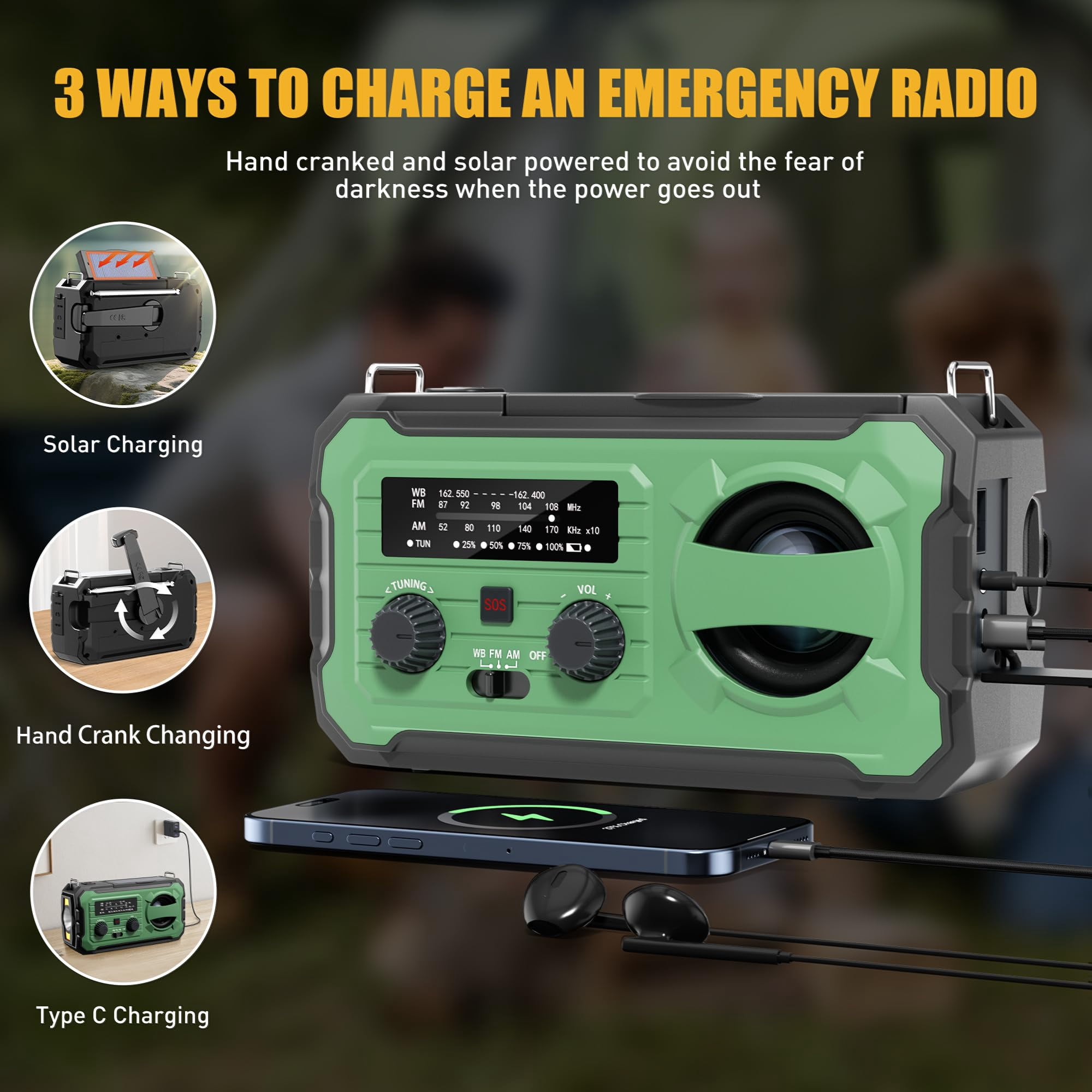 Hand Crank Emergency Radio  10000mah Weather With Am/fm/noaa Solar Prower Sos Alarm Phone Charging Led Flashlight Portable Gear For Outdoor & Home Emergencies Kits Light Green