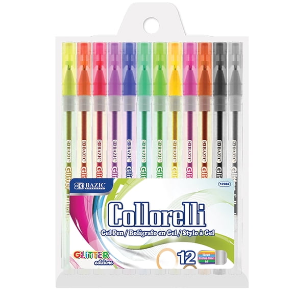 BAZIC Collorelli Gel Pen 1.0mm Glitter Color, Smooth Write (12/Pack), 1-Pack