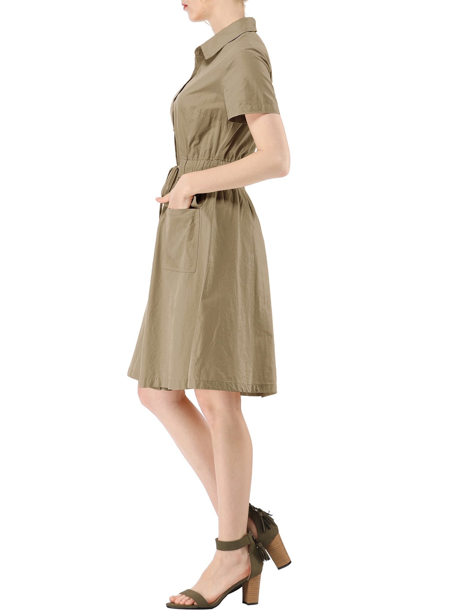 DARING DIVA Collar Elastic Waist Above Knee Dress with Pocket L Dark Khaki