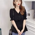 thumbnail image 2 of Camisa De Mujer Con Cuello En V Verano Color Sólido Manga Media Botones Top, Negro, M Sweethay AP001444-06, 2 of 7