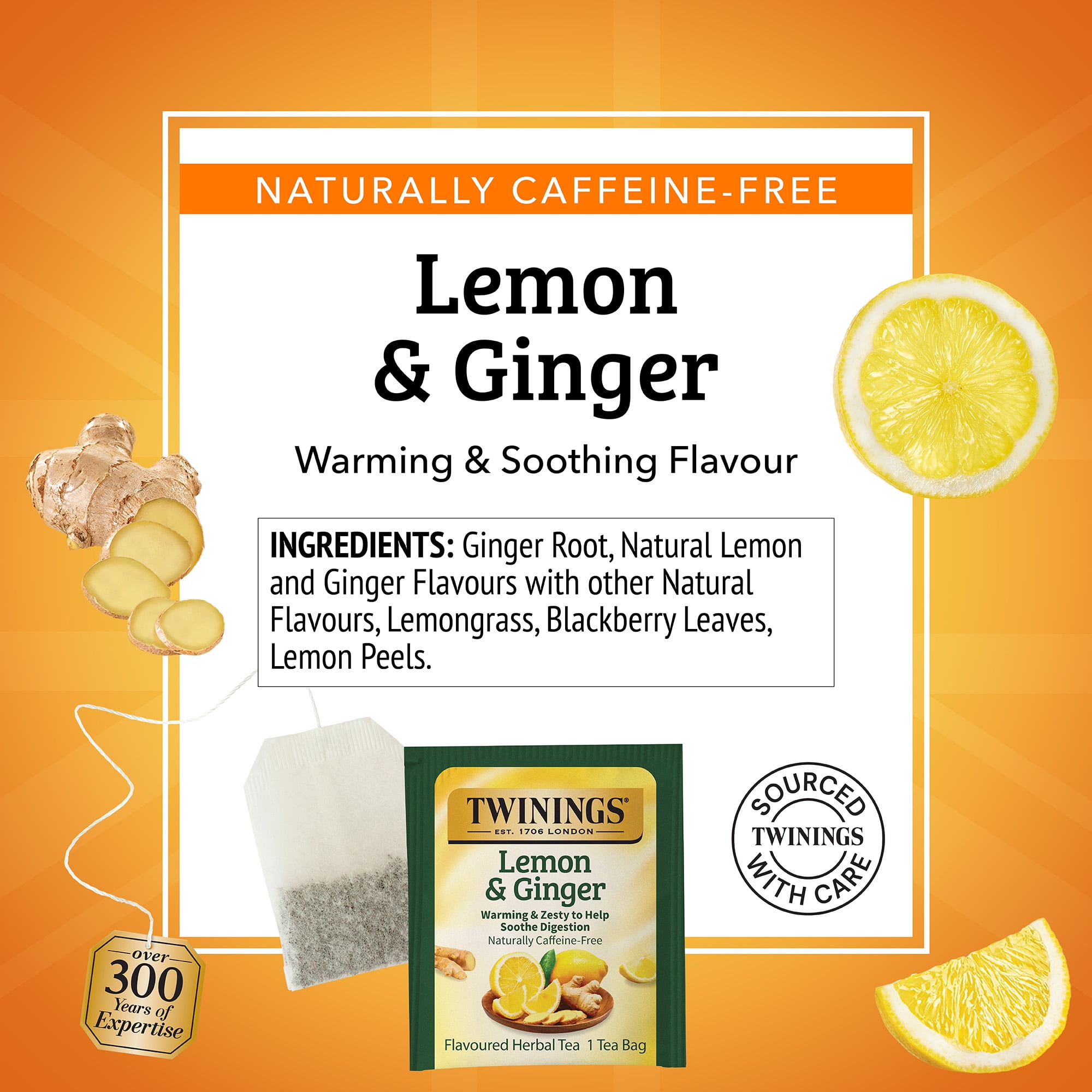 Twinings Lemon & Ginger Herbal Tea Bags, Caffeine Free, 50 Count