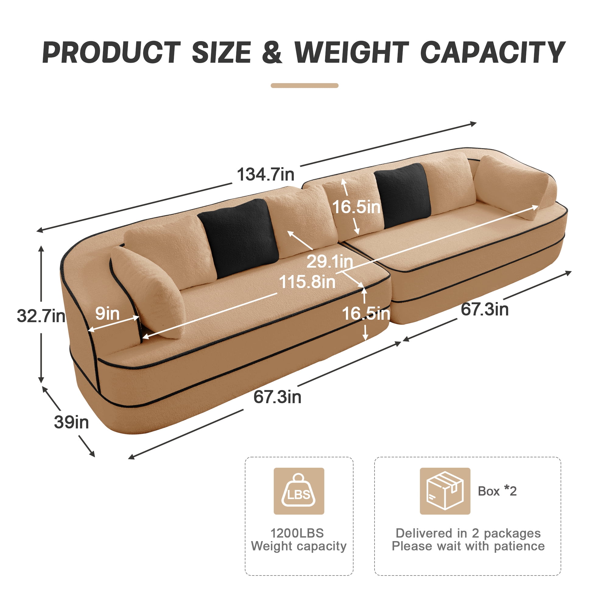 135" 4-Seat Teddy Fabric No Assembly 32D High Density sponge Boneless Sofa Fluffy Comfy Couch,Oversize sofa,Contrast color design,Symmetrical aesthetics,for Living Room,Camel