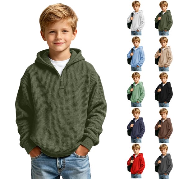 LEKWK Boys Hoodies Quarter Zip Soft Waffle Lightweight Sweatshirt Drop Shoulder Relaxed Fit Activewear for Fall Winter School Outdoor Playwear 3-14Y