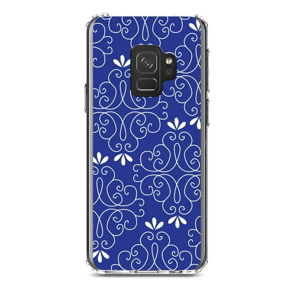 DistinctInk Clear Shockproof Hybrid Case for Samsung Galaxy S9 (5.8" Screen) - TPU Bumper, Acrylic Back, Tempered Glass Screen Protector - Dark Blue White Floral