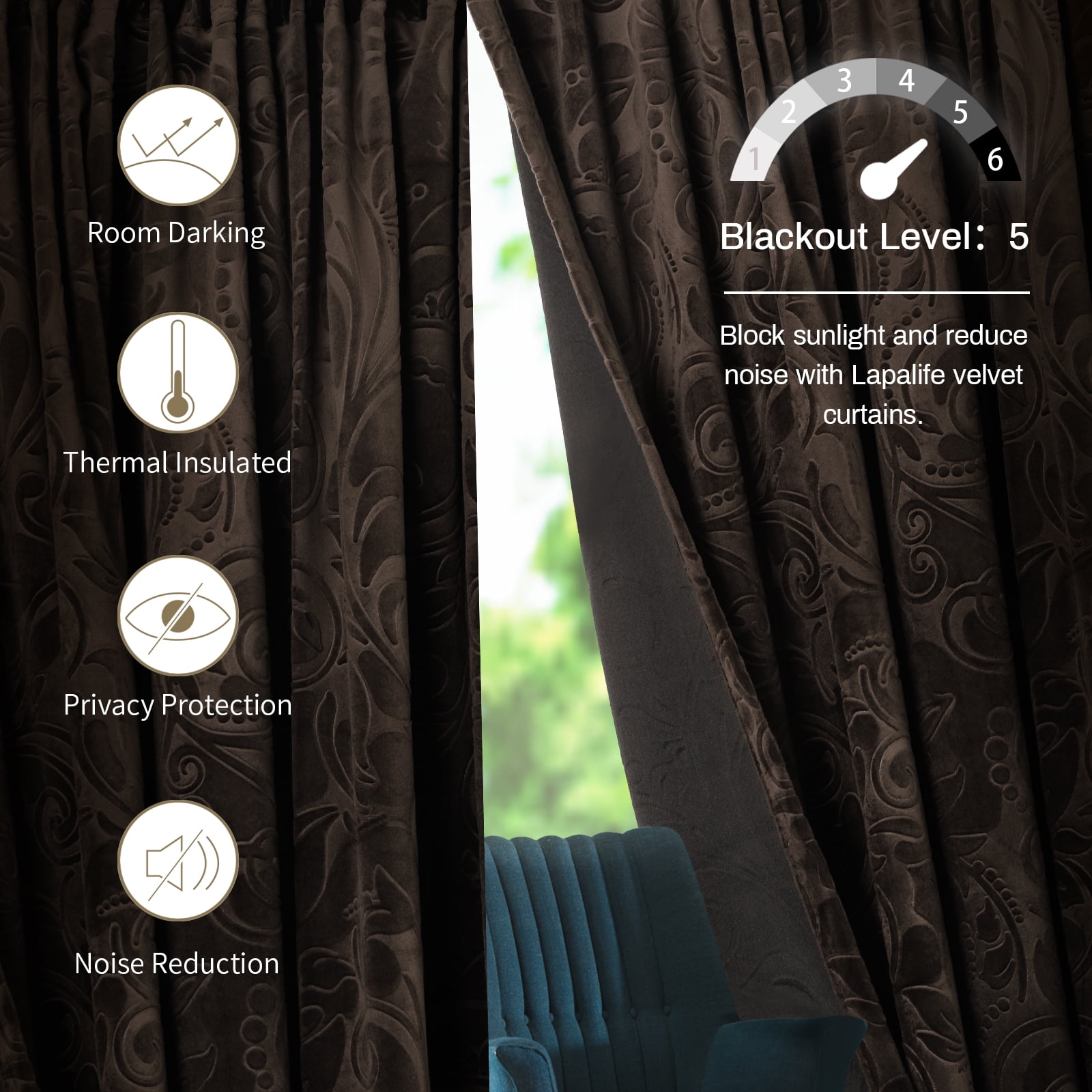 Lapalife Blackout Velvet Curtains, Scroll Floral Pattern Rod Pocket Thermal Insulated Velvet Curtain Drapes for Living Room, 2 Panels, 52"x 72", Toffee Brown