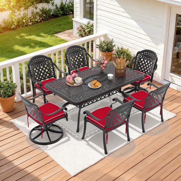 Hzzkey 7-Piece 66.93" L Rectangular Outdoor Dining Set with Umbrella Hole, 2 Swivel 4 Stackable Chairs with Red Cushions