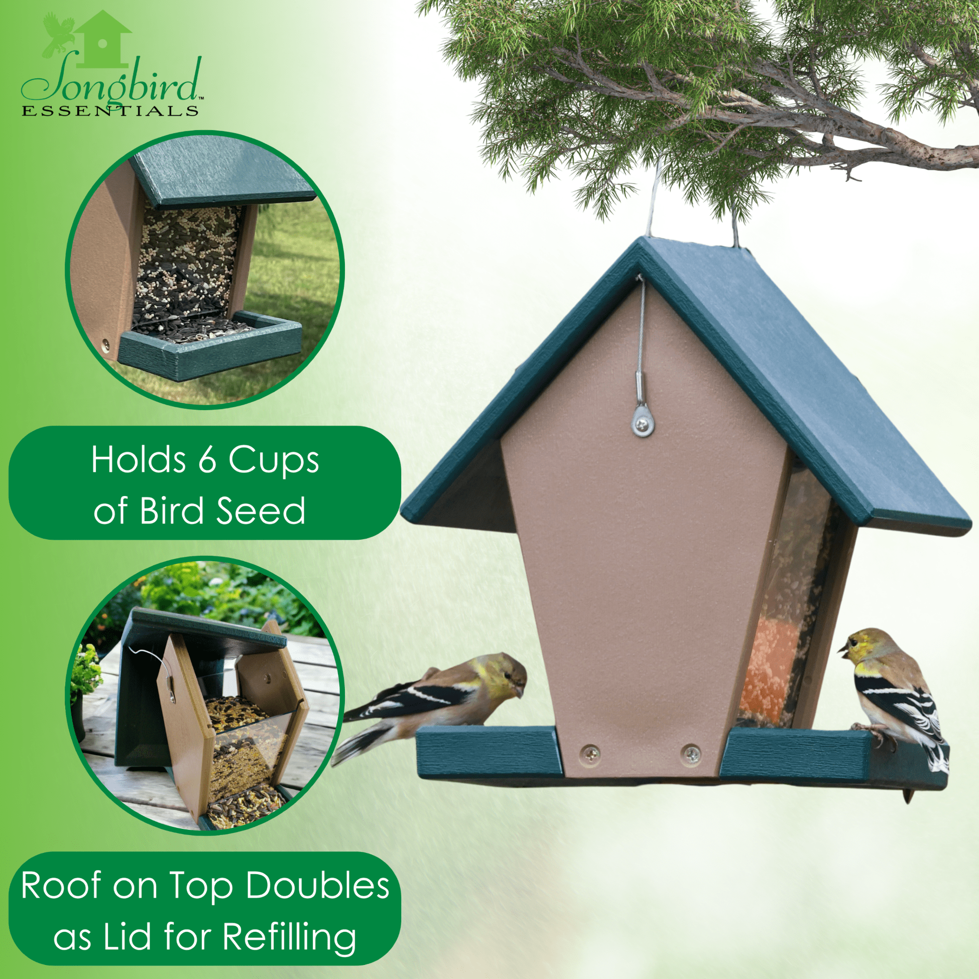 Songbird Essentials Hopper Feeder Recycled Plastic Wild Bird Feeder for Bird Seed, 6 Cup Capacity