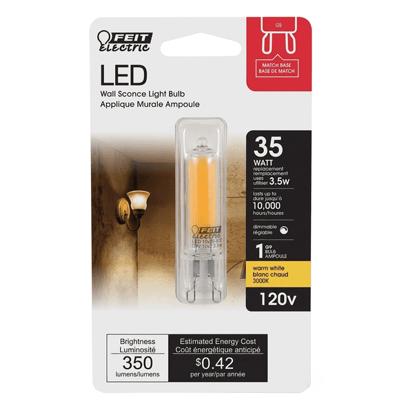 Feit Electric 75636 LED Wall Sconce Light Bulb 3.5W (35W Equivalent) Warm White G9 Base Dimmable
