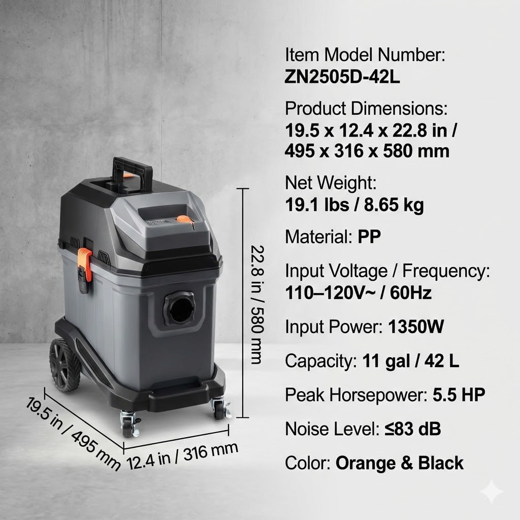 Commercial Shop Vac, 11 Gallon Wet Dry Shop Vacuum, 5.5 Peak HP Portable with One-Button Self-Cleaning, 1350W Input, 1.25in x 7ft Hose, 20ft Cord, Industrial-Grade for Jobsite, Workshop