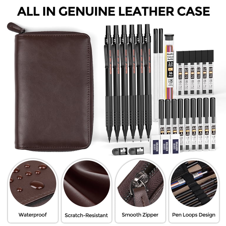 Nicpro 5 Pcs Black Metal Mechanical Pencils Set in Leather Case