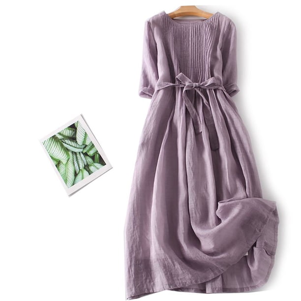 Puntoco Vestido Retro Suelto De Algodón Y Lino Con Cordones, Manga Tres Cuartos, Delgado, Color Sólido, Fresco, Para Mujer, Morado M,Regalos Para Mujer Joven