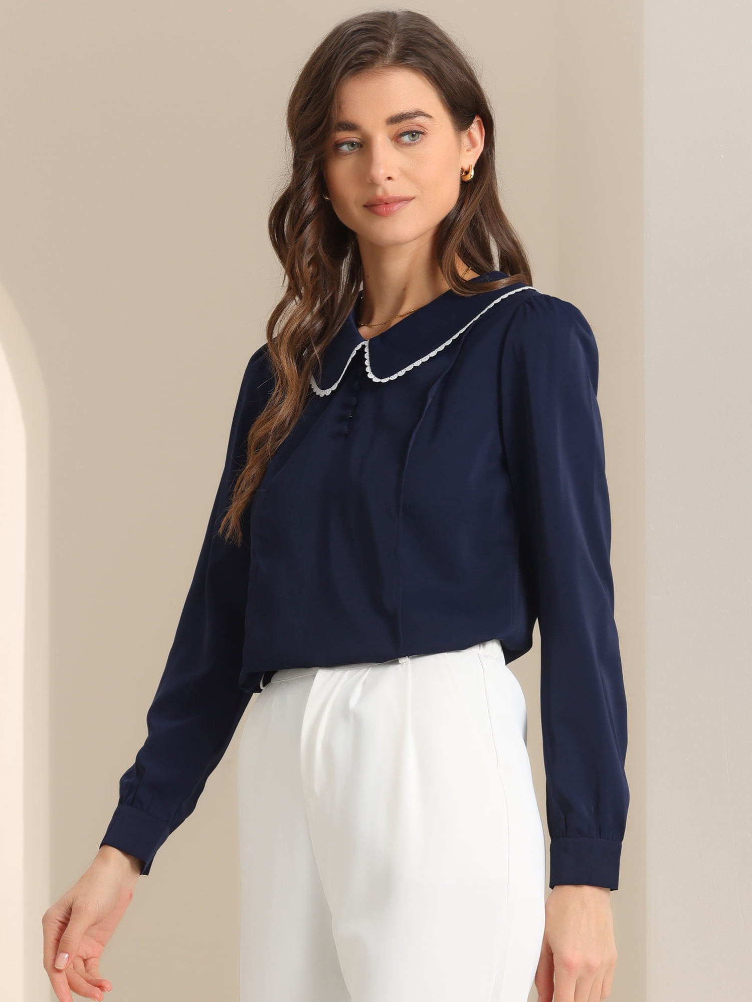 DARING DIVA Peter Pan Collar Button Decor Blouse XS Dark Blue