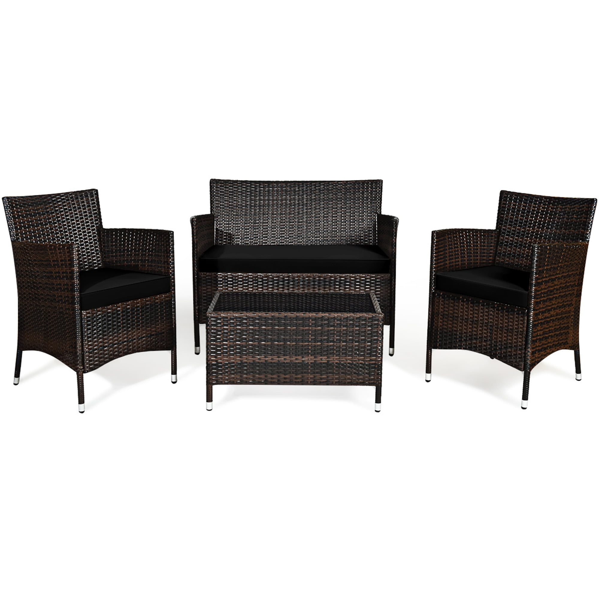 Gymax 4PCS Patio Rattan Conversation Furniture Set Outdoor w/ Black Cushion