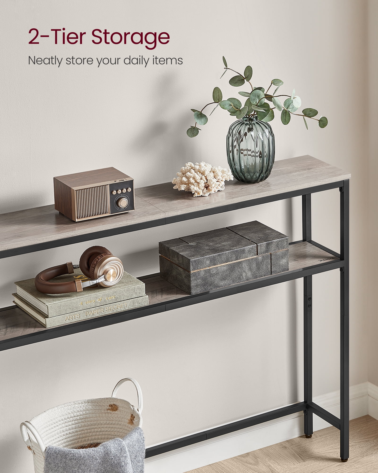 VASAGLE Console Table, 2-Tier Narrow Sofa Table with 2 Shelves, 7.9 x 31.5 x 31.5 Inches, Heather Greige and Ink Black