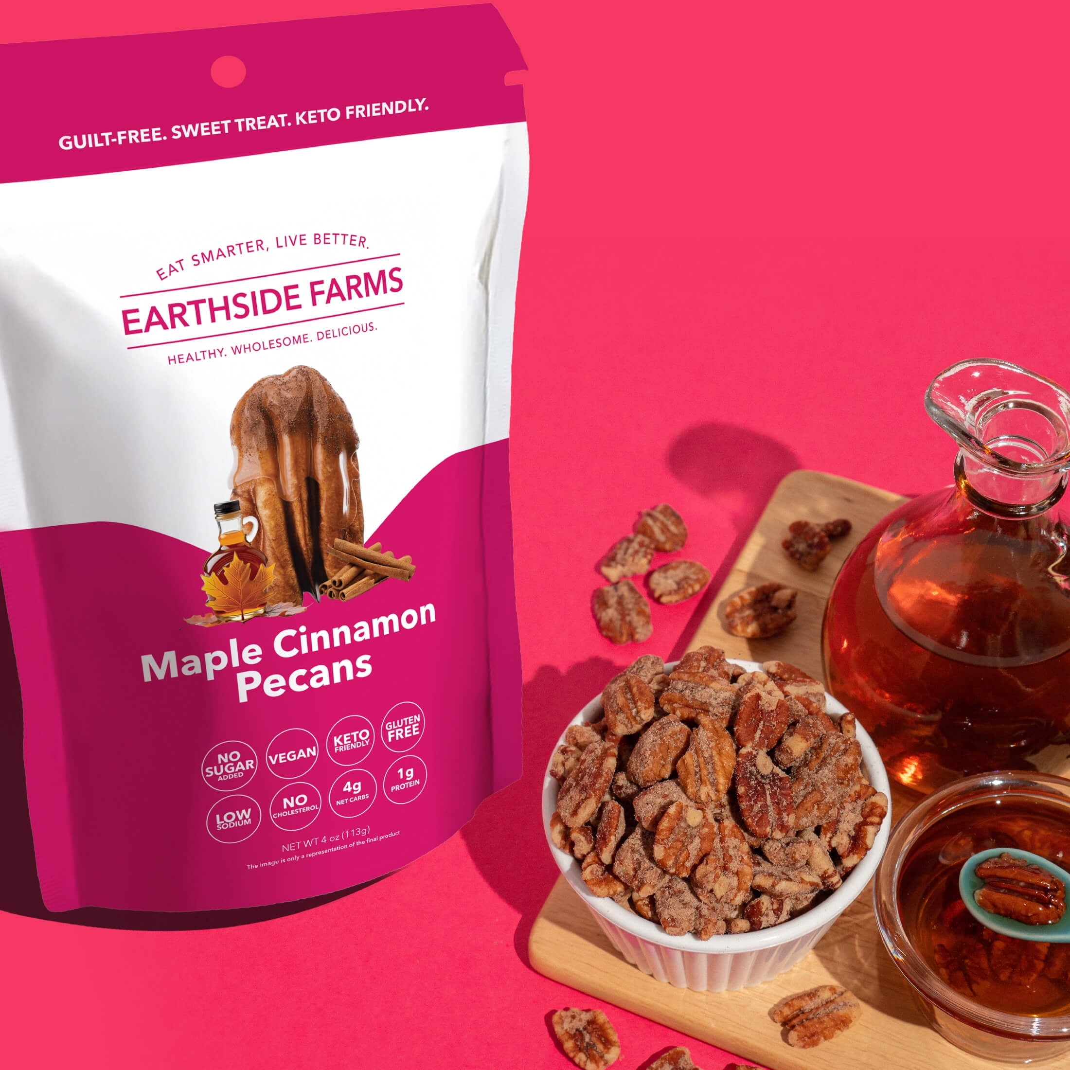 Earthside Farms Maple Cinnamon Pecans Snack Packs, No Sugar Added Keto Friendly Nuts, Vegan Gluten Free Non GMO Plant Protein Treat, 4oz Resealable Snack Bags, 3 Count