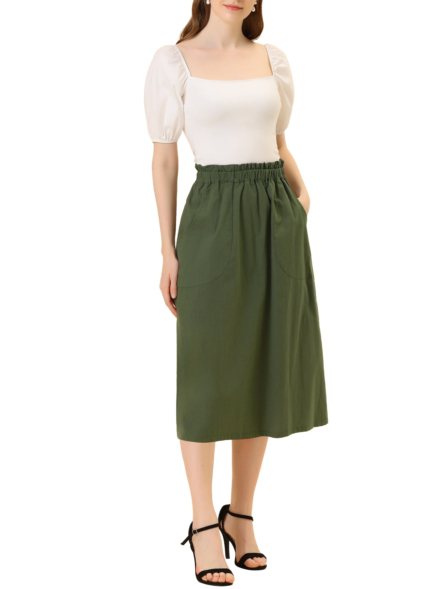 DARING DIVA Women's Cotton A-Line Midi Skirt with Pockets M Army Green