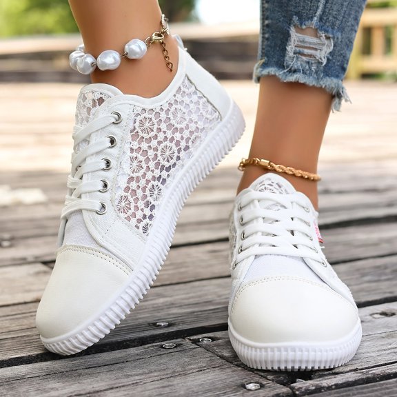 EliteGoogv Womens Shoes White Canvas Slip On Flat Casual Walking Shoes For Women Non Slip Rubber Sole Soft Cushion Everyday Sneakers Footwear US :6