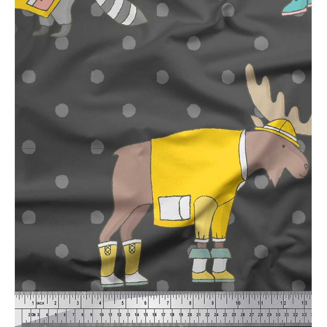 Soimoi Gray Poly Georgette Fabric Dot & Animals Kids Print Fabric by Yard 52 Inch Wide