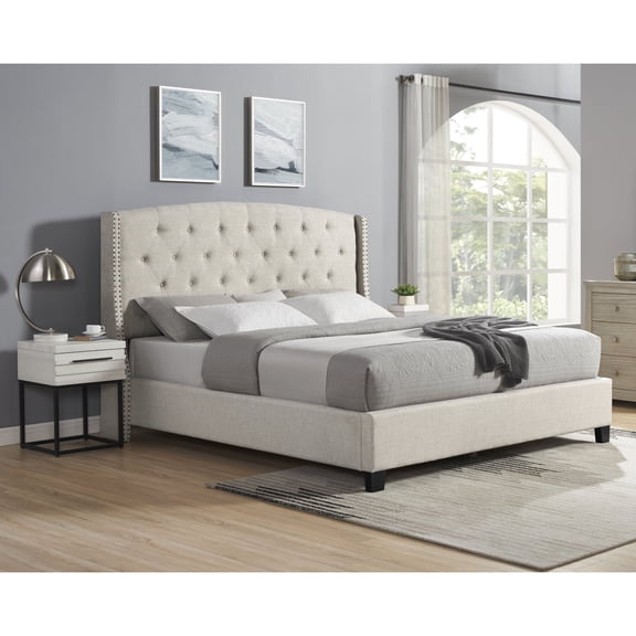 Miekor Furniture Astral 3-Piece Upholstered Bedroom Set, Tufted Wingback Bed with Two White Nightstands B5A8011
