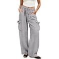 thumbnail image 5 of Hrsba Linen Cargo Pants Women High Waisted Elastic Drawstring Waist Loose Solid Color Long Pants With Pockets, 5 of 7