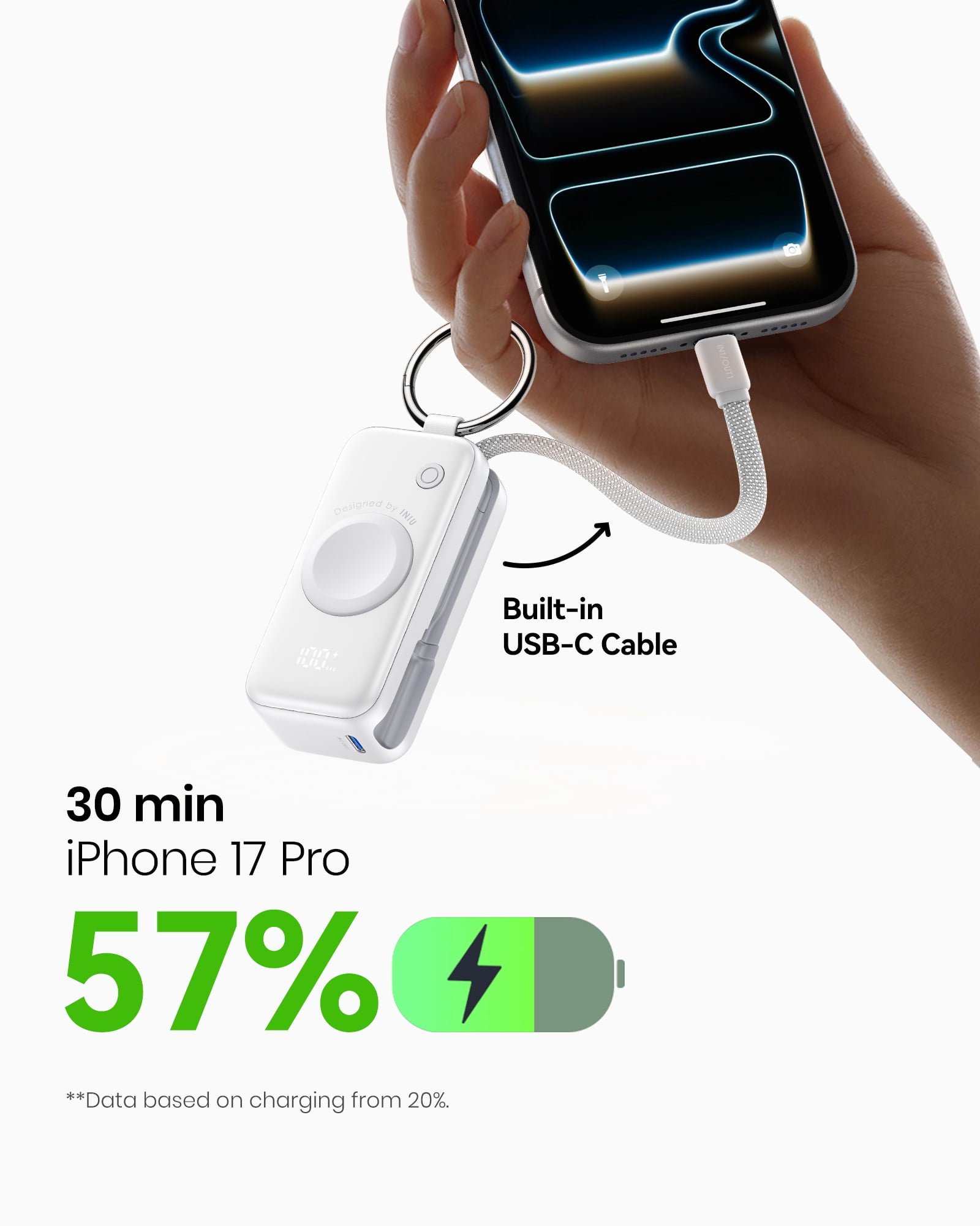 INIU 3-in-1 Portable Charger, Small 5000mAh Wireless Power Bank with Built-in Cable for Apple Watch 10/9/8/Ultra2/Ultra/SE, iPhone 17/16 etc, White