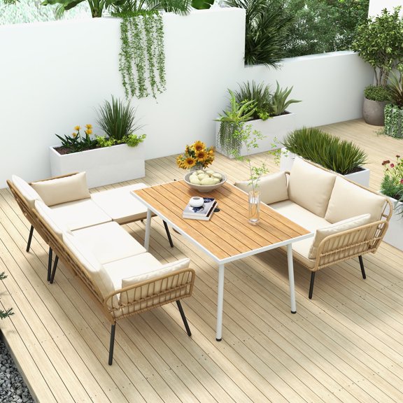 Uforic Patio Furniture Wicker Outdoor Bistro Set, All-Weather Rattan Conversation Loveseat Sofa Chairs and Rectangle Table with Umbrella Hole - Beige