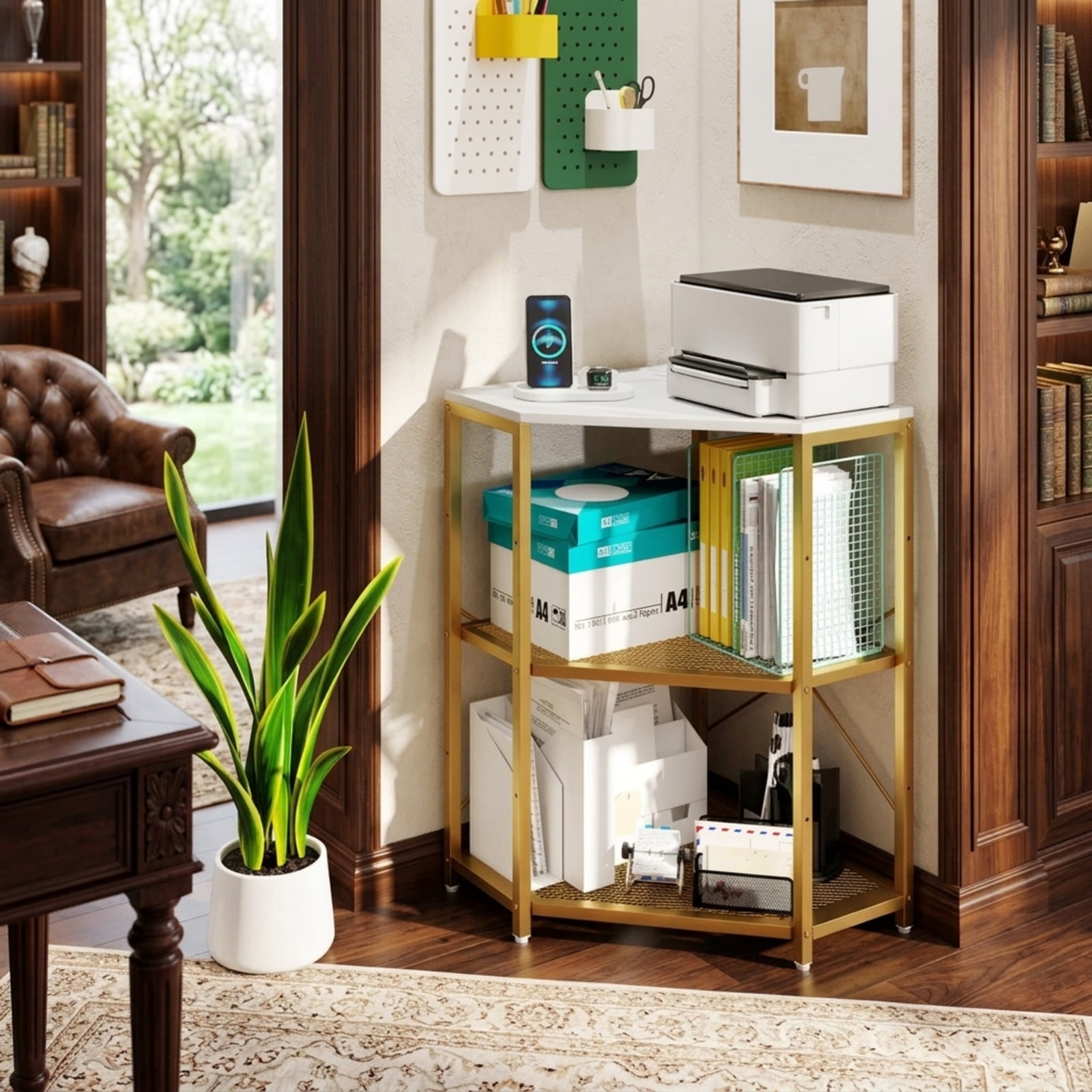 Furnibear Corner Printer Stand with Power Outlet 3-Tier Storage Rack with Adjustable Shelf for Home Office Printer Machine Under Desk Storage, White