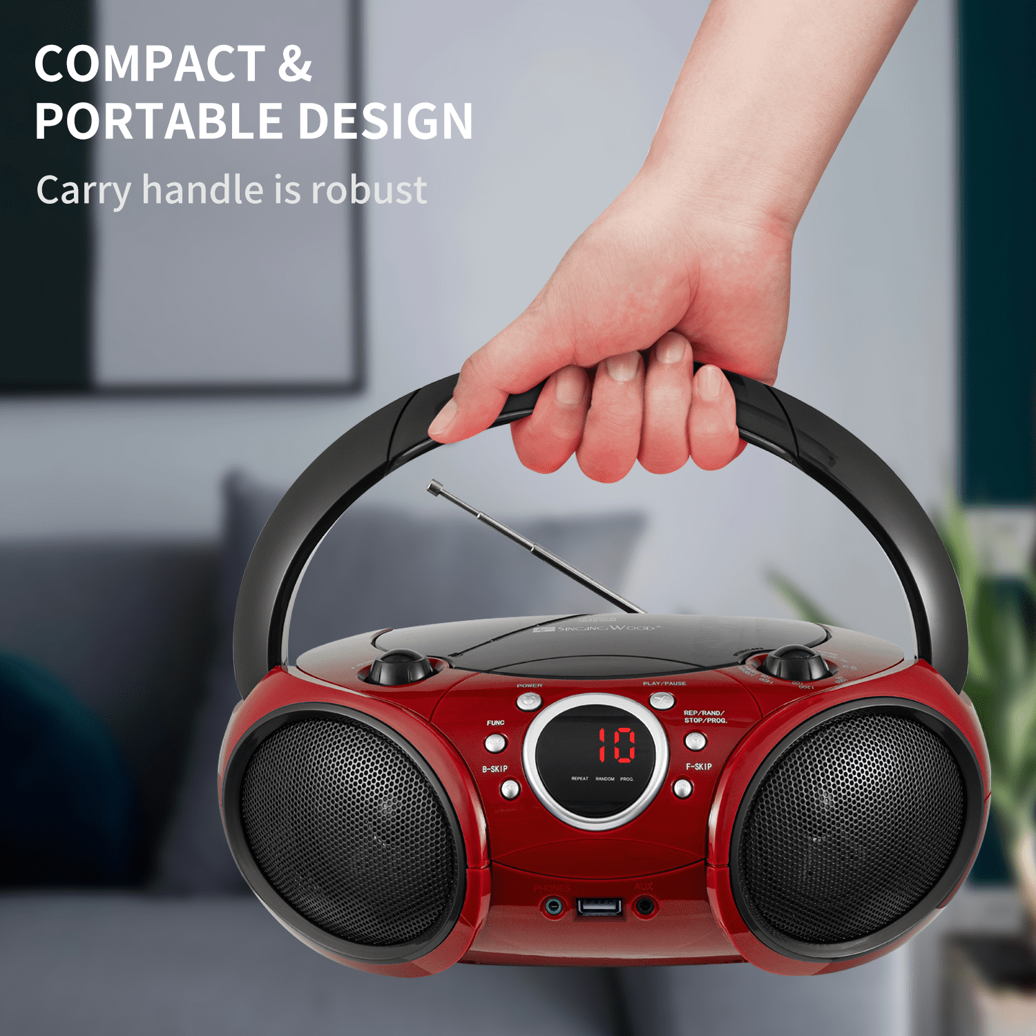 singing wood Portable CD, MP3-CD, USB, Bluetooth AM/FM Stereo Boombox, Firemist Red
