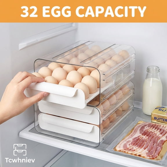 32 Egg Trays- Egg Organizer for Refrigerator, Tcwhniev 2-Tier Plastic Fridge Egg Storage Containers with Lid & Handle, Stackable Egg Holder for Refrigerator, White