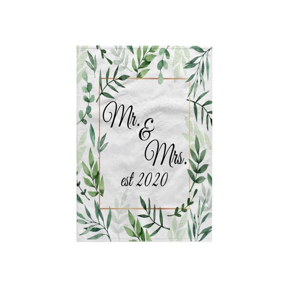3dRose, Black Mr. and Mrs. Est 2020 framed in green leaves and a gold square., 15x22 Hand Towel