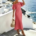 thumbnail image 5 of QUNYINEY Puff Short Sleeve Womens Dresses Summer One Shoulder Long Striped A Line Dress Vacation Casual Loose Fit Dresses, 5 of 5