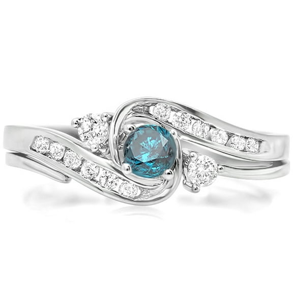 Dazzlingrock Collection 0.50 Carat (ctw) 18k Round Blue & White Diamond Swirl Bridal Engagement Ring Set, White Gold, Size 6.5