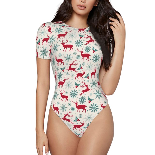 Fotbe Vintage Christmas Reindeer Body de Mujer con Cuello Redondo y Mangas Cortas, Sin Mangas Ajustado, Suave, Cómodo y Básico-Medium