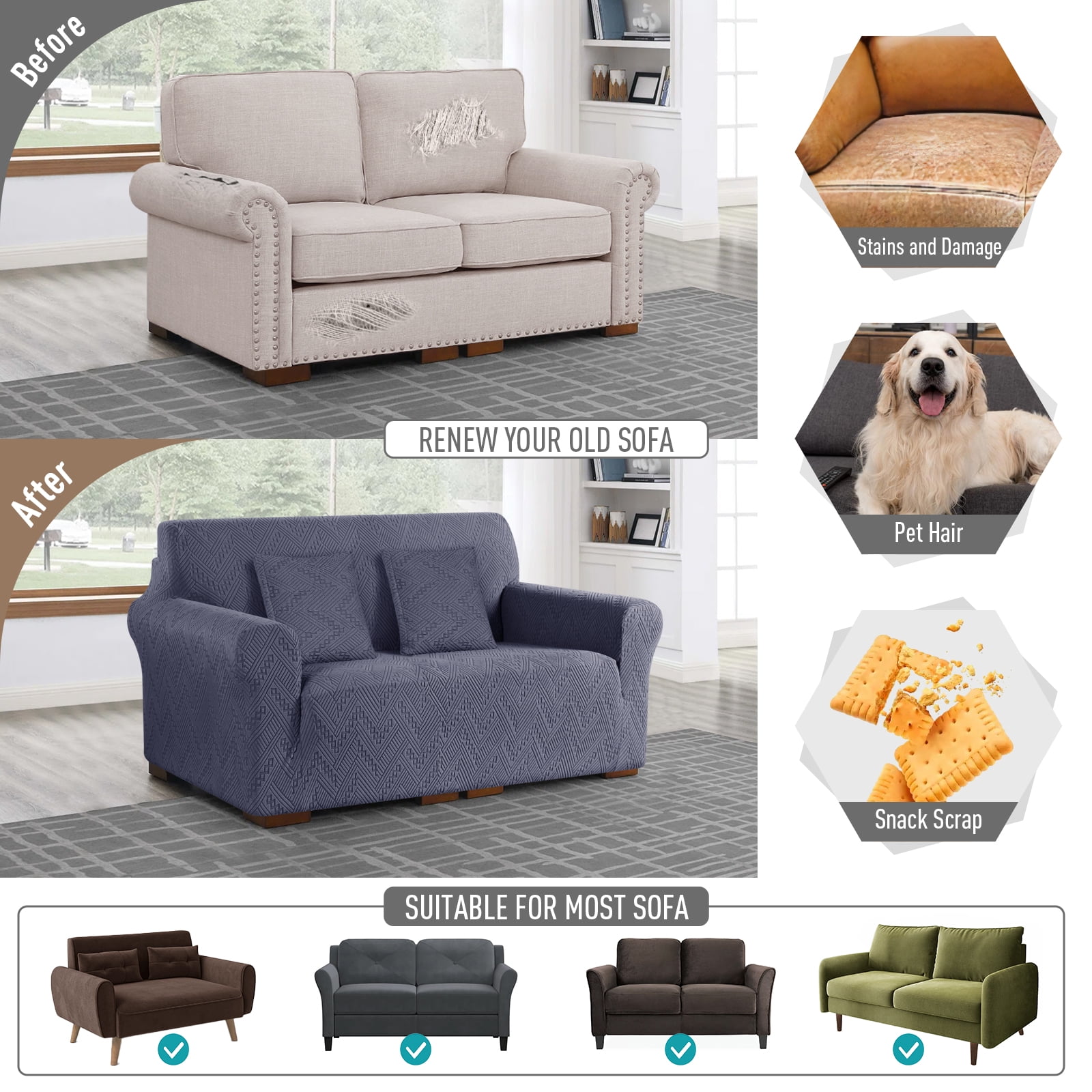 Timeles 1 Piece Stretch Loveseat Sofa Covers Non Slip Couch Covers Soft Jacquard Sofa Slipcover Washable Furniture Protector with 2 Throw Pillow Covers (2 Seater, Gray)