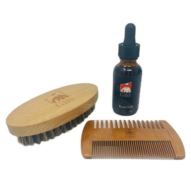 G.B.S Kit de cuidado de la barba 3n1 para hombres – Peine de madera de dos caras para barba y cabello, cepillo para barba de pelo de jabalí de viaje y set de regalo combinado de aceite para barba de 1