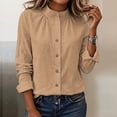 thumbnail image 2 of hoksml Women Stand Collar Gathered Neck Long Sleeve Shirt Cotton Linen Textured Button Down Blouse for Office Daily Travel, 2 of 9