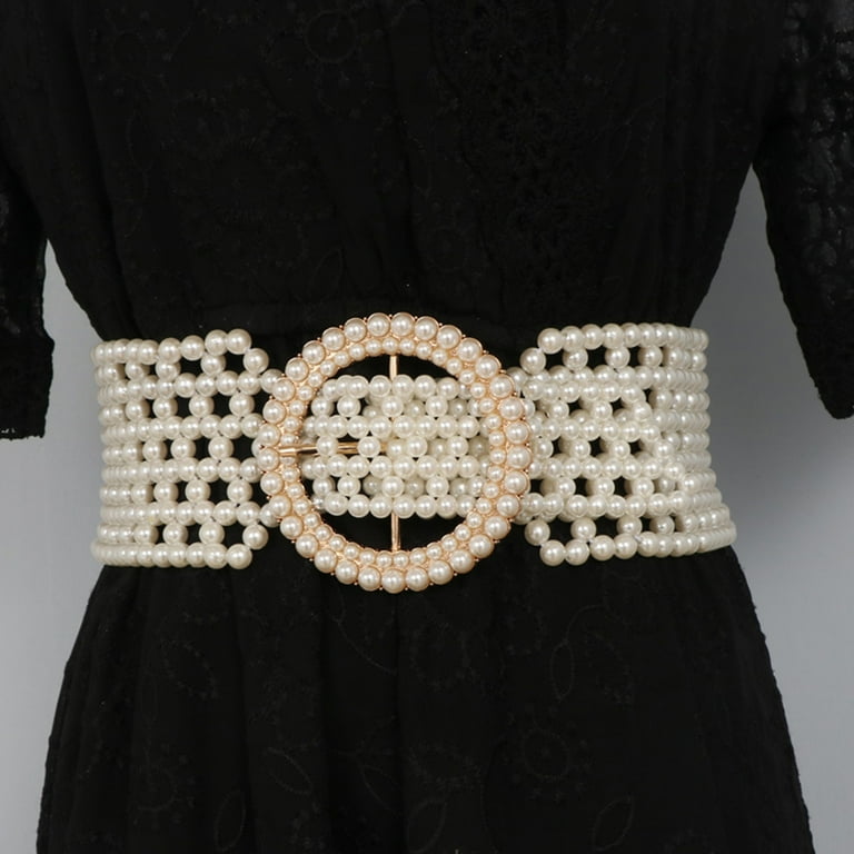 YUUZONE Elastic Wide Pearl Belt Vintage Stretchy Waist Belt