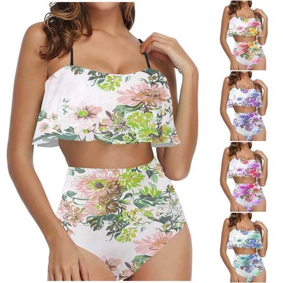 MGDXOX Layered Ruffle Bikini for Women High Waisted Bikini Sets Spaghetti Bandeau Swimsuits Two Piece Fashion Bathing Suit Blue L