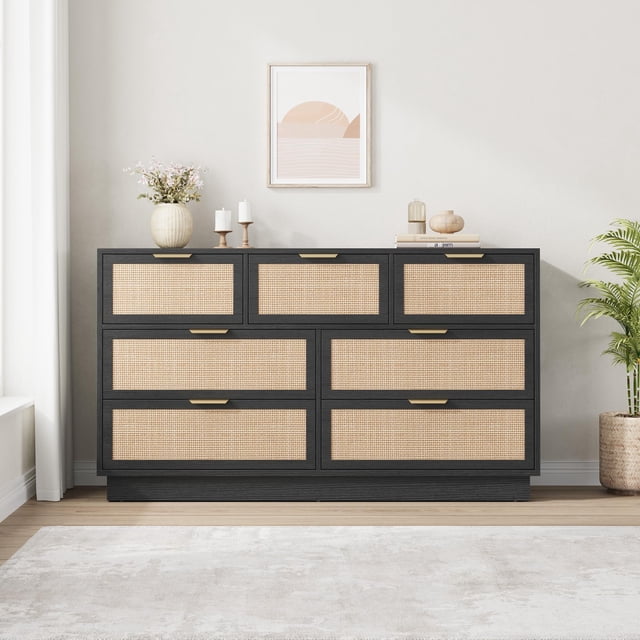 White Rattan Dresser – 7 Drawer Modern – Wooden Storage Cabinet – Integrated Legs – Large Organizer – Bedroom & Entryway – Easy Assembly