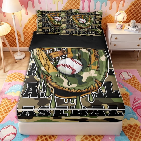 Castle Fairy Vintage Baseball Zipper Twin Comforter Sets with Fitted Sheet and 2 Pillowcases, Camouflage Glove Pattern Zipper Bedding Set, Green Brown,4-Piece,Black Reversible