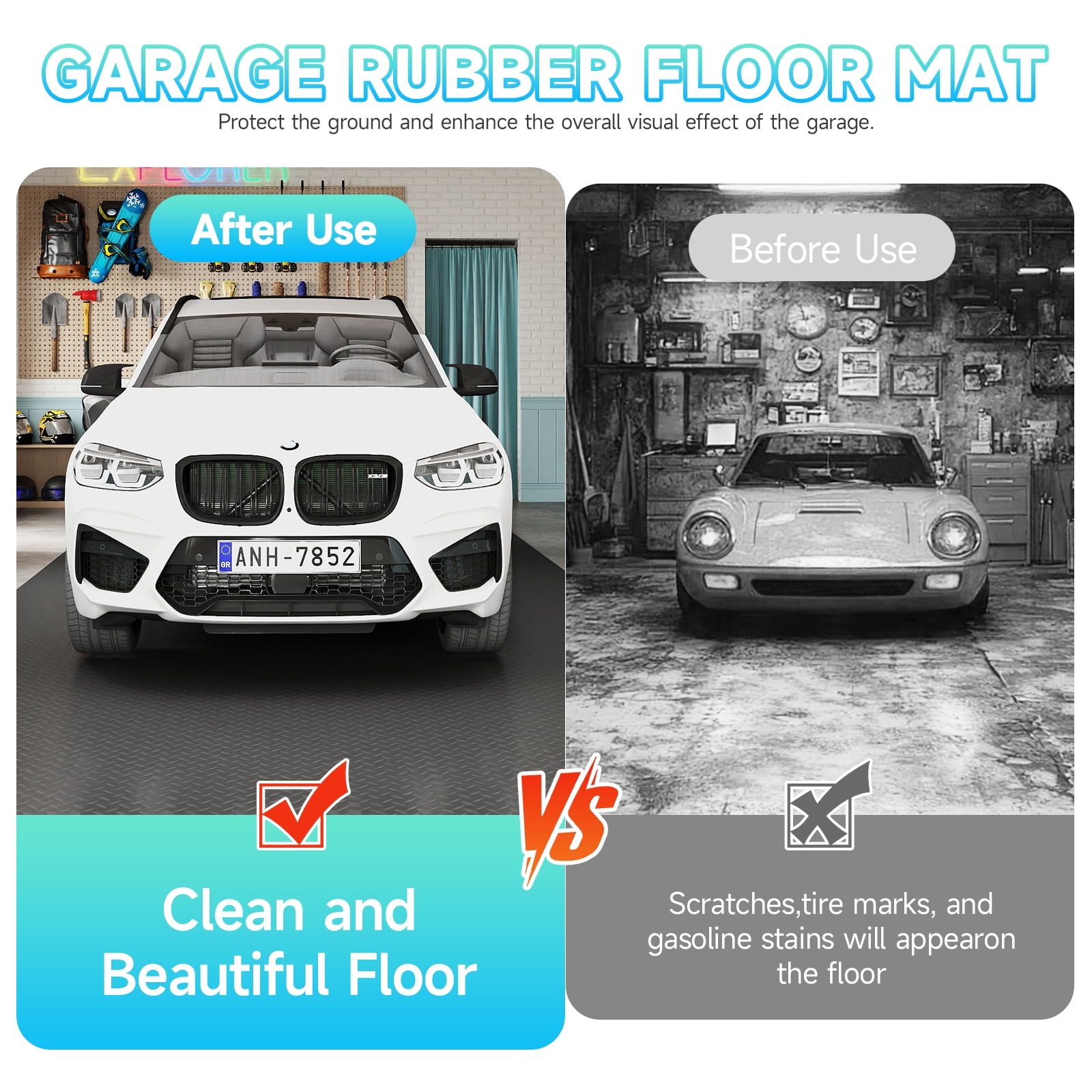 Garage Floor Mat, 7.5 x 20 FT Thickened Diamond Plate PVC Garage Mats Flooring Roll for Under Car, Garage Car Parking Mats for Sports Car，Compact SUVS，Silver